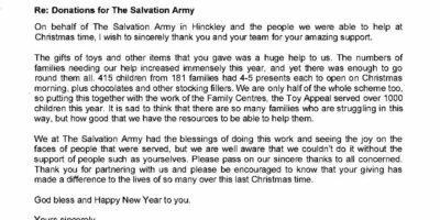 Letter of Thanks from Salvation Army